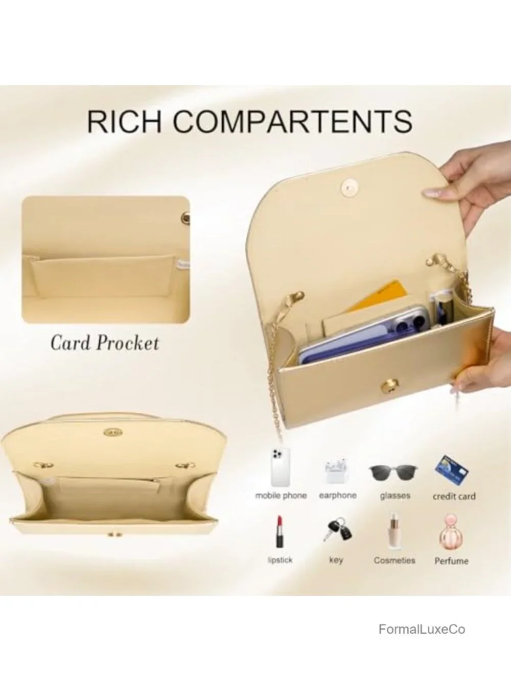 Faux Leather Evening Clutch with 3D Gold Handle and Chain for Weddings